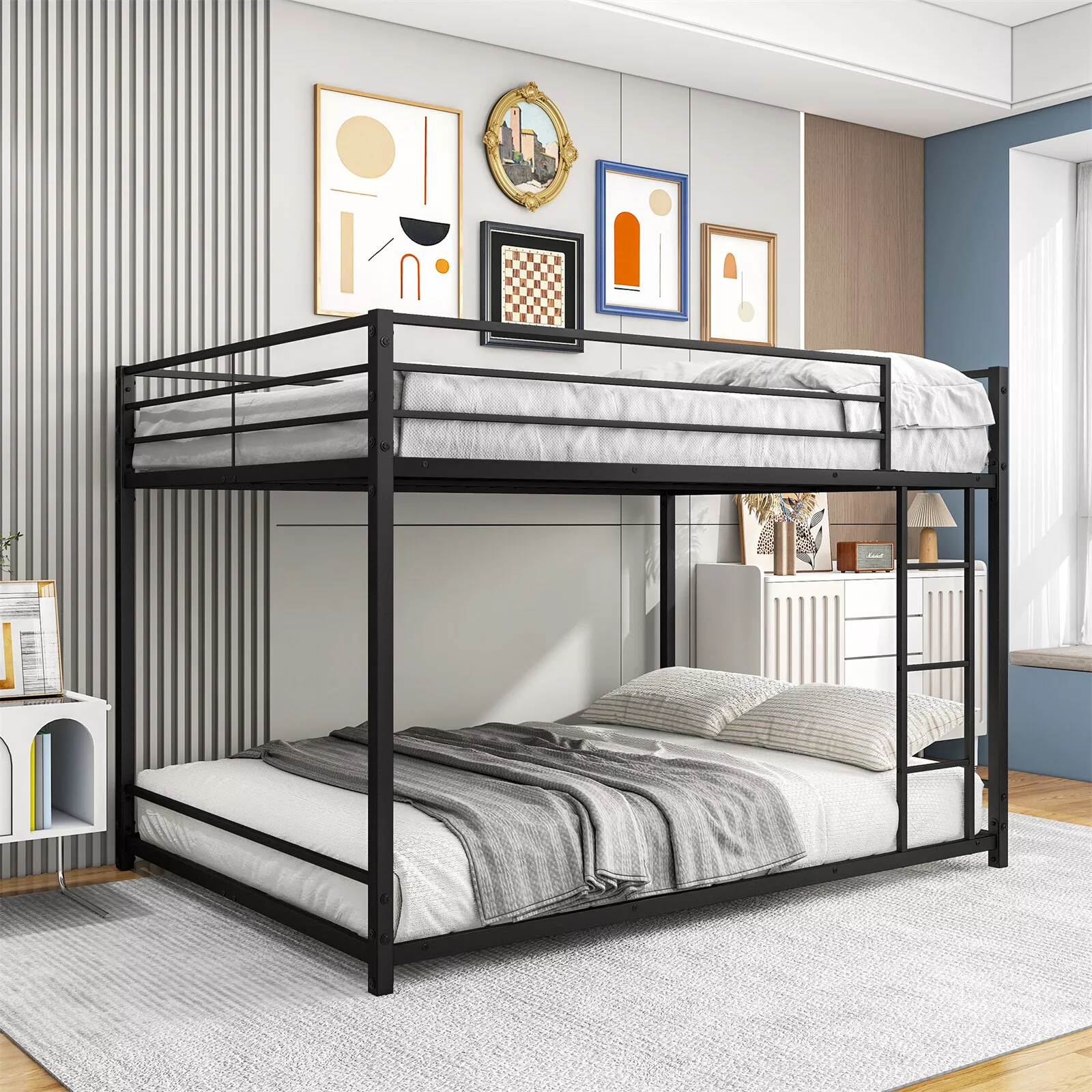 Full over Full Low Bunk Bed Metal Frame Ladder Kid